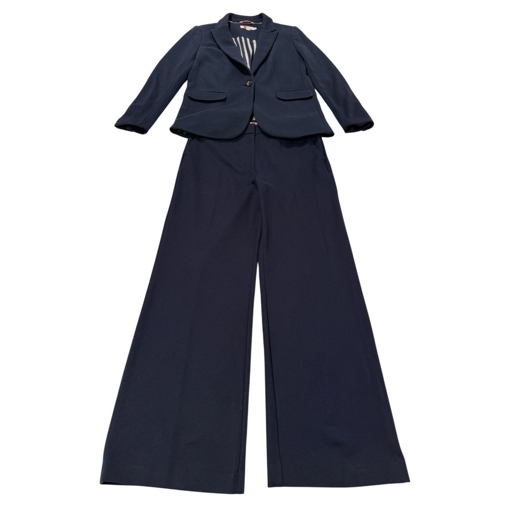 Boden Navy Blue Blazer Pants Suit Set Women Size 10R One Button Striped Lining